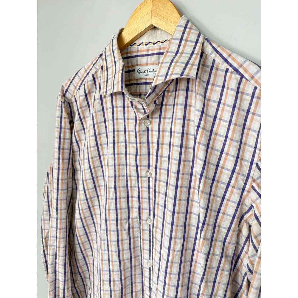 Robert Graham Mens 17 43 Plaid Button Up Shirt Purple Orange Long Sleeve Cotton